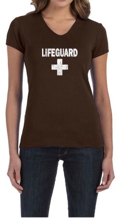 Ladies Shirt Distressed Lifeguard V-neck Tee T-Shirt