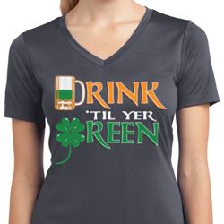 Ladies Shirt Drink Til Yer Green Moisture Wicking V-neck Tee T-Shirt