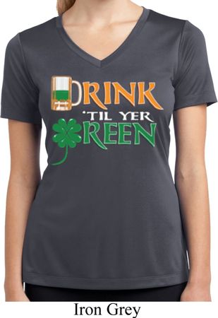Ladies Shirt Drink Til Yer Green Moisture Wicking V-neck Tee T-Shirt
