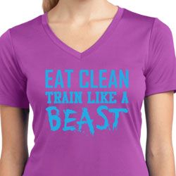 Ladies Shirt Eat Clean Train Like a Beast Moisture Wicking V-neck Tee