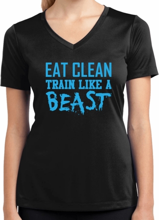 Ladies Shirt Eat Clean Train Like a Beast Moisture Wicking V-neck Tee