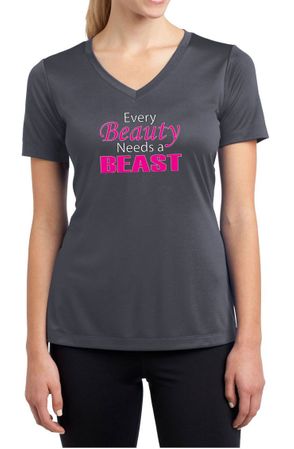 Ladies Shirt Every Beauty Needs a Beast Moisture Wicking V-neck Tee