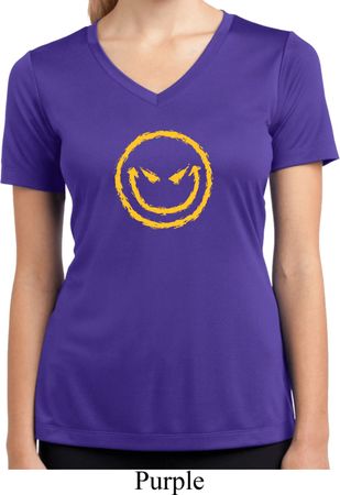 Ladies Shirt Evil Smiley Face Moisture Wicking V-neck Tee T-Shirt