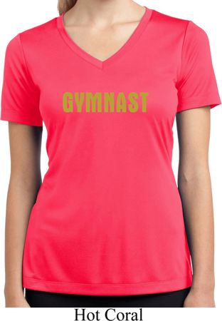 Ladies Shirt Gold Shimmer Gymnast Moisture Wicking V-neck Tee T-Shirt