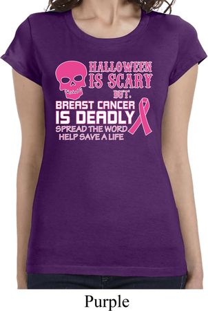 Ladies Shirt Halloween Scary Breast Cancer Deadly Longer Length Tee