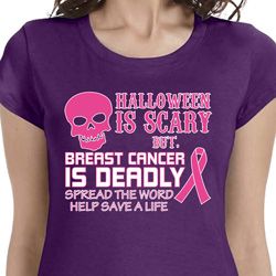 Ladies Shirt Halloween Scary Breast Cancer Deadly Longer Length Tee