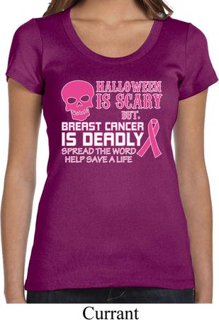 Ladies Shirt Halloween Scary Breast Cancer Deadly Scoop Neck Tee