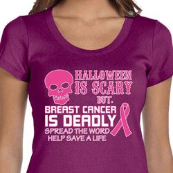 Ladies Shirt Halloween Scary Breast Cancer Deadly Scoop Neck Tee