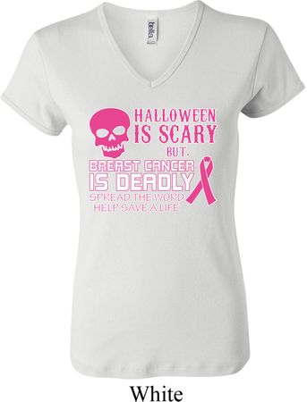 Ladies Shirt Halloween Scary Breast Cancer Deadly V-neck Tee T-Shirt
