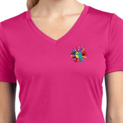 Ladies Shirt Hippie Sun Patch Pocket Print Moisture Wicking V-neck Tee