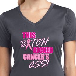 Ladies Shirt Kicked Cancers Ass Moisture Wicking V-neck Tee T-Shirt