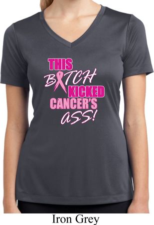 Ladies Shirt Kicked Cancers Ass Moisture Wicking V-neck Tee T-Shirt