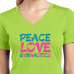 Ladies Shirt Peace Love Gymnastics Moisture Wicking V-neck Tee