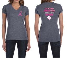 Ladies Shirt Pink Ribbon 2nd Base Front & Back Print V-neck Tee