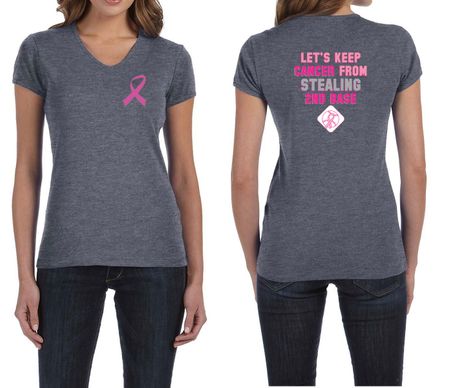 Ladies Shirt Pink Ribbon 2nd Base Front & Back Print V-neck Tee