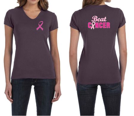 Ladies Shirt Pink Ribbon Beat Cancer Front & Back Print V-neck Tee
