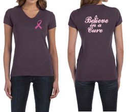 Ladies Shirt Pink Ribbon Believe Front & Back Print V-neck Tee T-Shirt