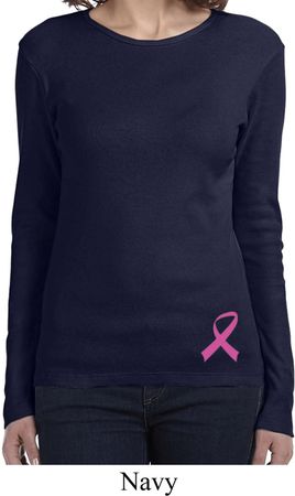 Ladies Shirt Pink Ribbon Bottom Print Long Sleeve Tee T-Shirt