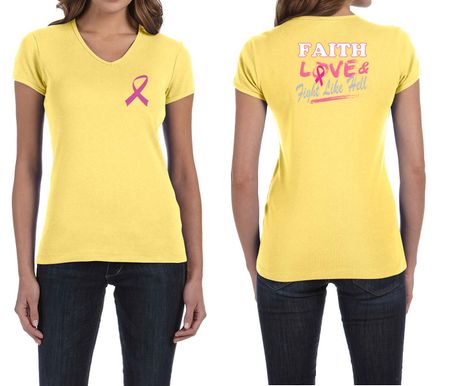 Ladies Shirt Pink Ribbon Faith Love Front & Back Print V-neck Tee