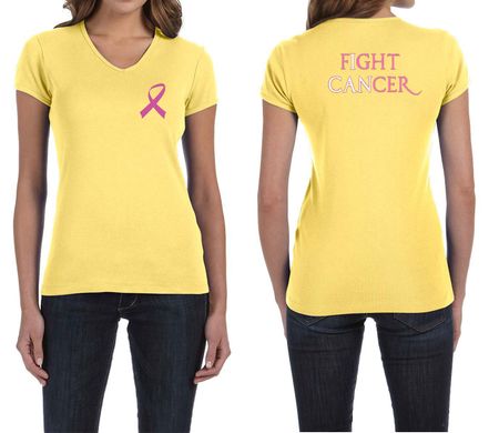 Ladies Shirt Pink Ribbon Fight Cancer Front & Back Print V-neck Tee