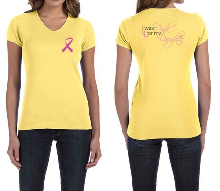 Ladies Shirt Pink Ribbon For My Daughter Front & Back Print V-neck Tee