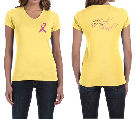Ladies Shirt Pink Ribbon For My Friend Front & Back Print V-neck Tee