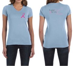 Ladies Shirt Pink Ribbon For My Mom Front & Back Print V-neck Tee