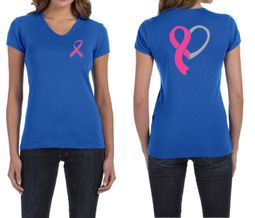 Ladies Shirt Pink Ribbon Heart Front & Back Print V-neck Tee T-Shirt Ladies Shirt Pink Ribbon Heart Front & Back Print V-neck Tee T-Shirt