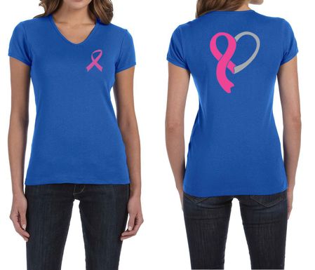 Ladies Shirt Pink Ribbon Heart Front & Back Print V-neck Tee T-Shirt