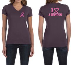 Ladies Shirt Pink Ribbon I Heart a Survivor Front & Back V-neck Tee