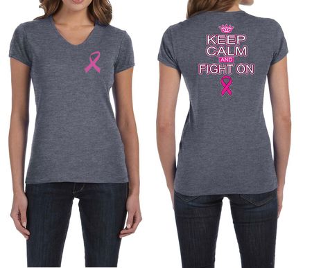Ladies Shirt Pink Ribbon Keep Calm Front & Back Print V-neck Tee