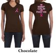 Ladies Shirt Pink Ribbon Keep Calm Front & Back Print V-neck Tee