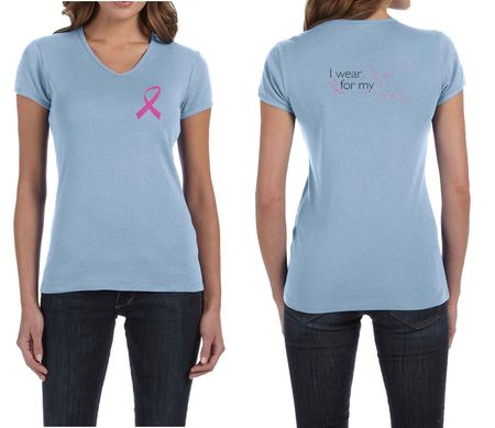 Ladies Shirt Pink Ribbon My Cousin Front & Back Print V-neck Tee