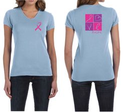Ladies Shirt Pink Ribbon Love Hope Front & Back Print V-neck Tee