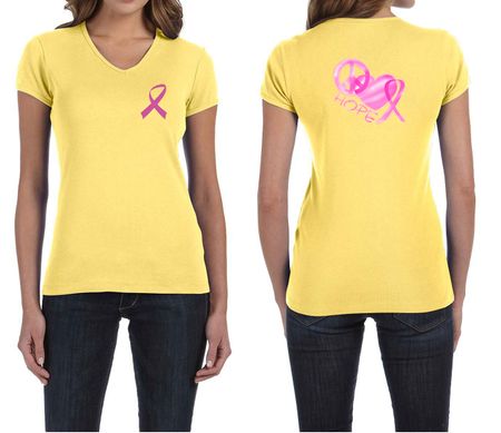 Ladies Shirt Pink Ribbon Peace Love Hope Front & Back Print V-neck Tee
