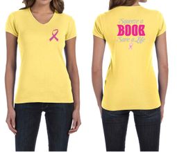 Ladies Shirt Pink Ribbon Save a Life Front & Back Print V-neck Tee