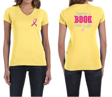 Ladies Shirt Pink Ribbon Save a Life Front & Back Print V-neck Tee