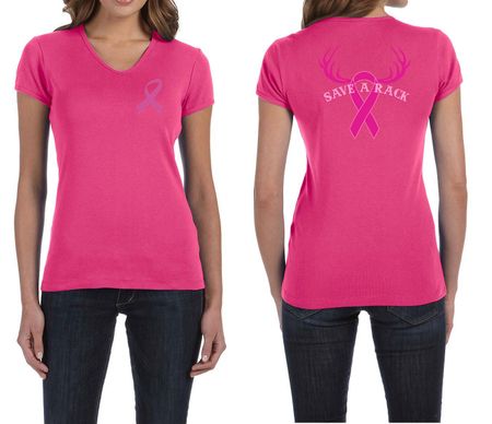Ladies Shirt Pink Ribbon Save a Rack Front & Back Print V-neck Tee