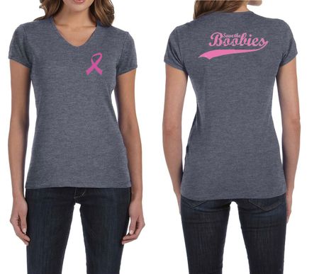 Ladies Shirt Pink Ribbon Save the Boobies Front & Back V-neck Tee