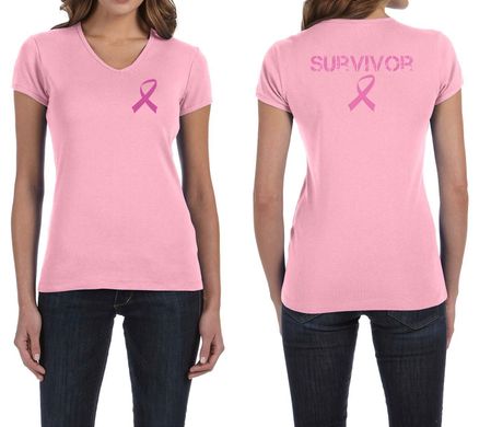 Ladies Shirt Pink Ribbon Survivor Front & Back Print V-neck T-Shirt