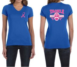 Ladies Shirt Pink Ribbon Tackle Cancer Front & Back Print V-neck Tee