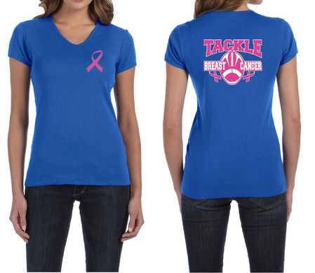 Ladies Shirt Pink Ribbon Tackle Cancer Front & Back Print V-neck Tee