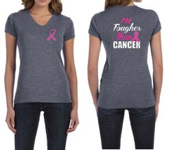 Ladies Shirt Pink Ribbon Tougher Front & Back Print V-neck Tee T-Shirt