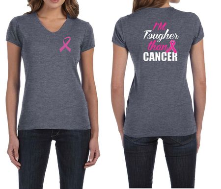 Ladies Shirt Pink Ribbon Tougher Front & Back Print V-neck Tee T-Shirt