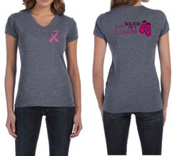 Ladies Shirt Pink Ribbon Walkin For a Cure Front & Back V-neck Tee