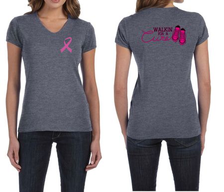 Ladies Shirt Pink Ribbon Walkin For a Cure Front & Back V-neck Tee