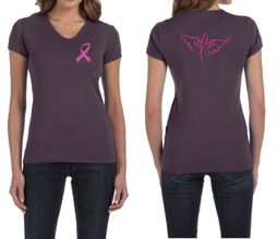 Ladies Shirt Pink Ribbon Wings Front & Back Print V-neck Tee T-Shirt