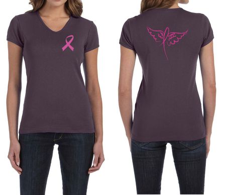 Ladies Shirt Pink Ribbon Wings Front & Back Print V-neck Tee T-Shirt