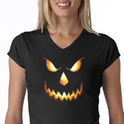 Ladies Shirt Pumpkin Head V-neck Tee T-Shirt
