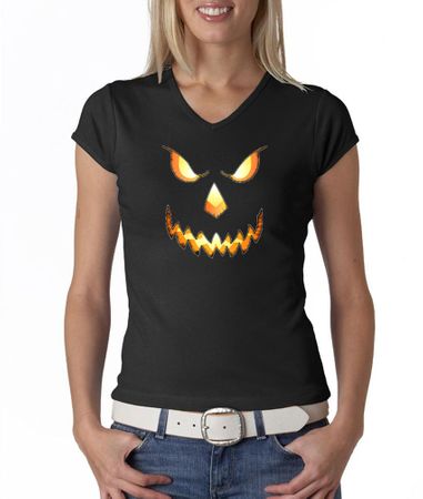 Ladies Shirt Pumpkin Head V-neck Tee T-Shirt